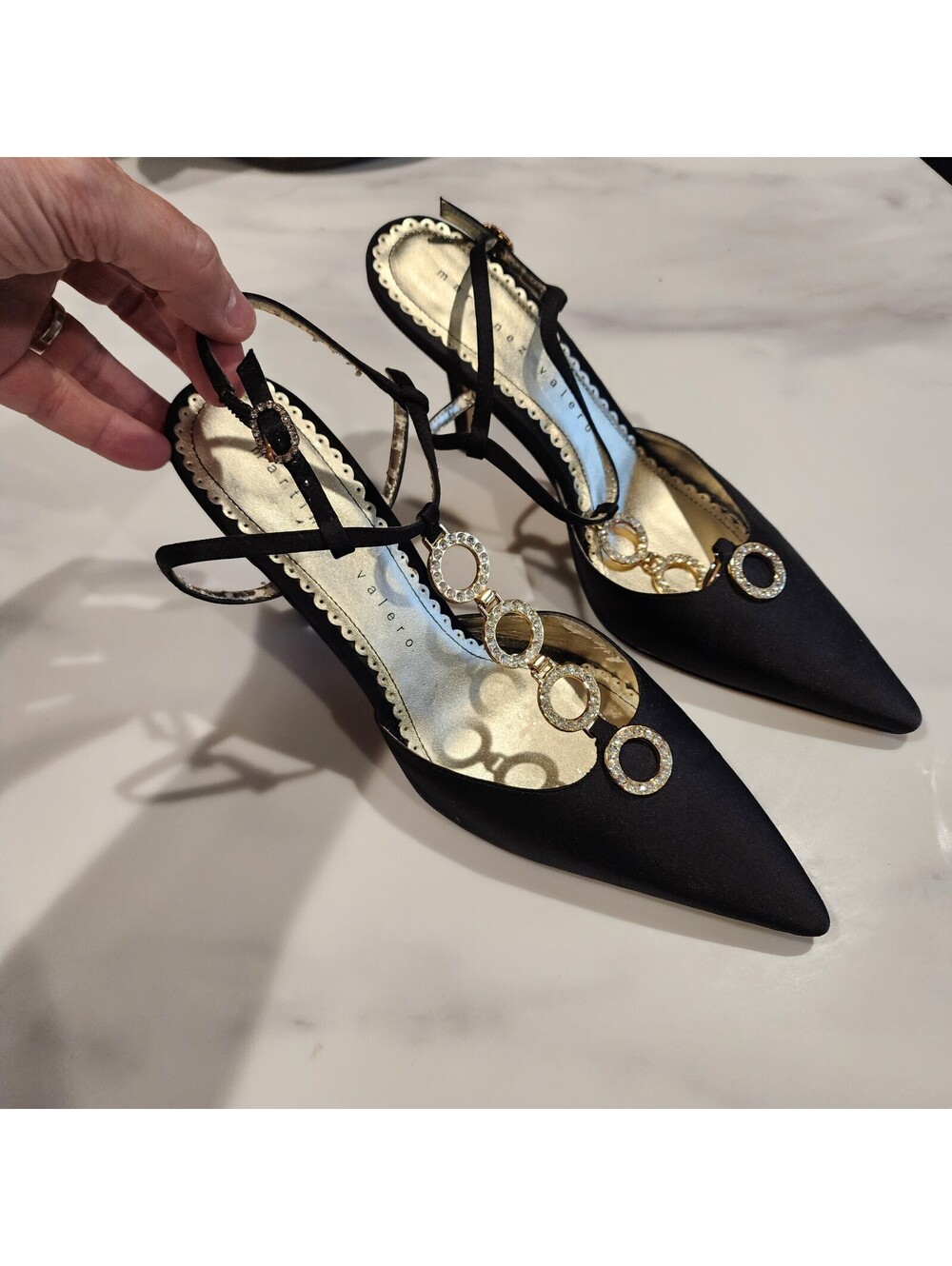 Martinez Valero Black Satin Crystal Jeweled Slingback Heels Size 8M Flawless